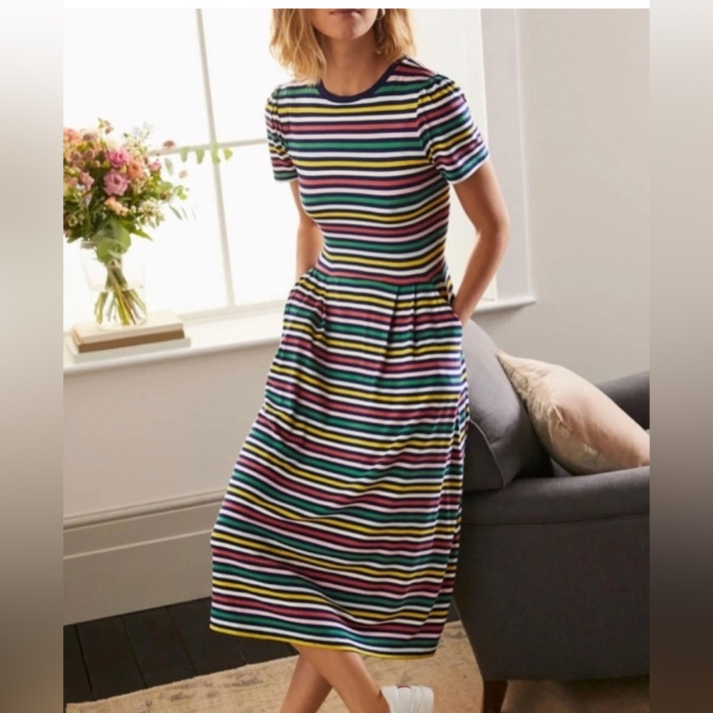 Boden Midi Multicolored Striped Dress Pockets Sz 10